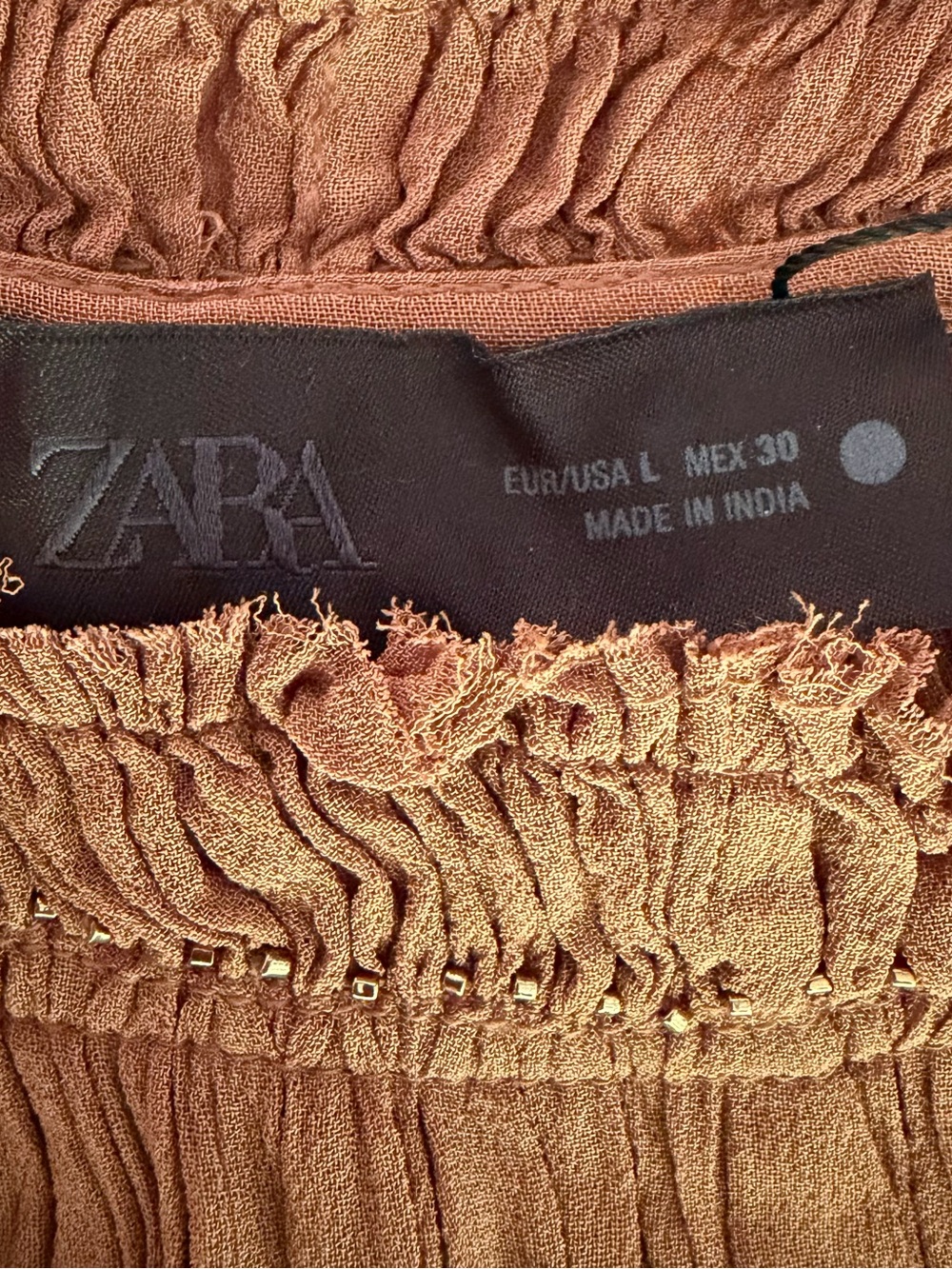NWT Zara ZW Collection Wrinkled Embroidered Maxi Dress Brown Boho Size L - Picture 15 of 16